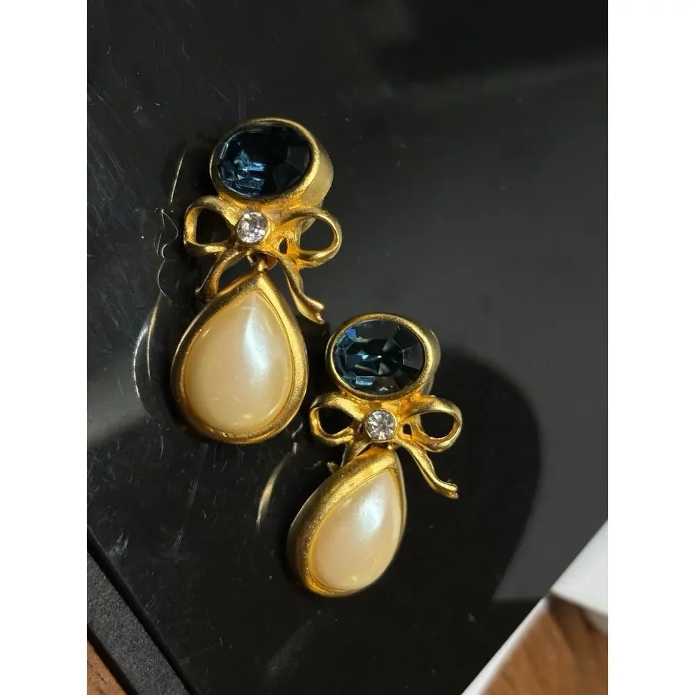 Vintage MFA Gold Tone Austrian Blue Rhinestone Pearl Bow Dangle Earrings